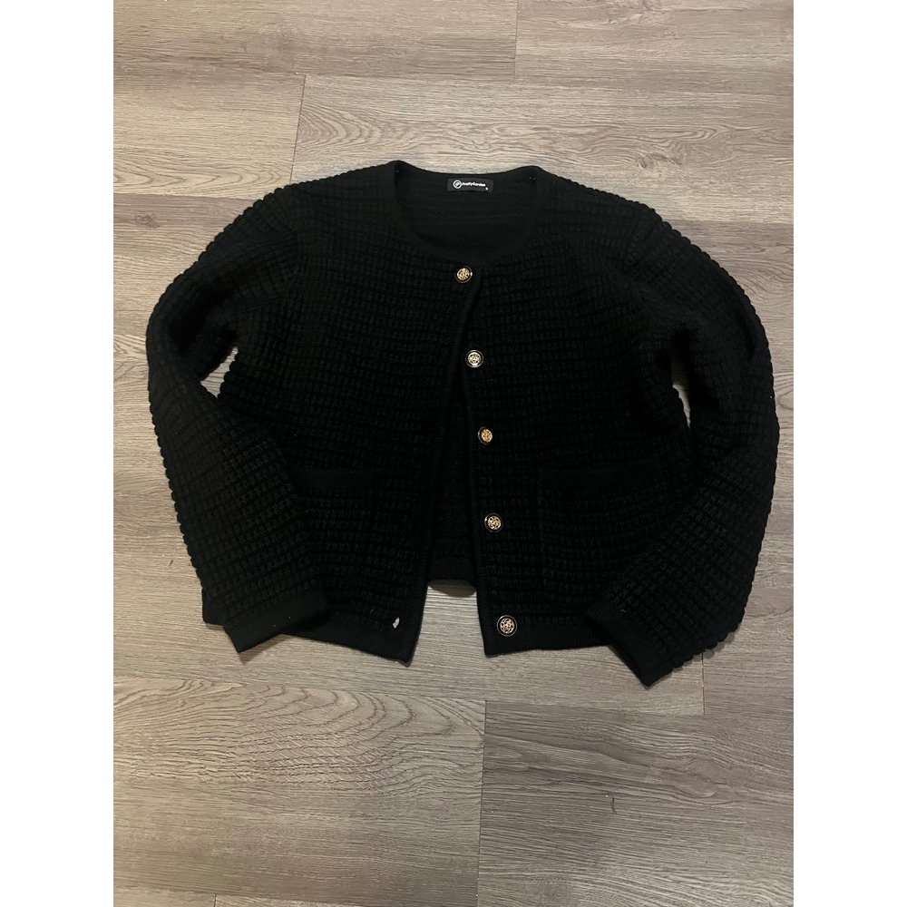 PrettyGarden Women Black Waffle Knit Cardigan Gold Button Lady Jacket Small
